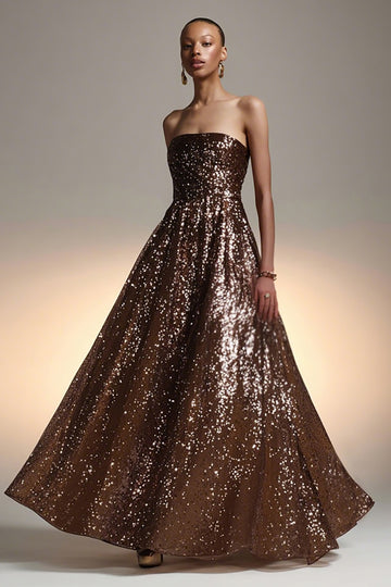 Brown Strapless Sequined A-Line Maxi Gala Dress